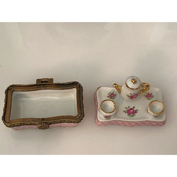Vintage China Tea Time Trinket or Pill Box Pink Roses Teapot Teacups Not Hinged - Picture 8 of 16